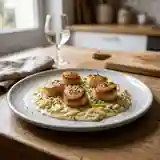Saint-Jacques poêlées sur fondue d'endives et poireaux crémeuse