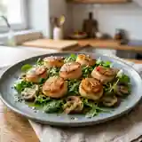 Saint-Jacques snackées et champignons dorés