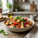 Salade croquante au pain grillé et légumes frais