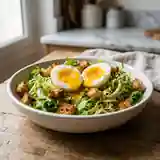 Salade de Frisée aux Œufs Mollets, Vinaigrette Moutarde et Croûtons Dorés