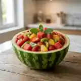 Salade de fruits fraîche et colorée servie dans une pastèque