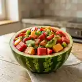 Salade de fruits frais servie en coque de pastèque