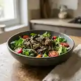 Salade fraîche aux trompettes de la mort sautées