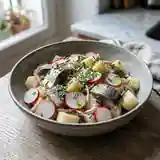 Salade fraîche de harengs fumés, pommes de terre et radis croquants