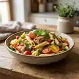 Salade fraîche de pâtes à la dinde, légumes croquants et vinaigrette légère