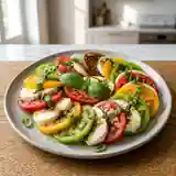 Salade fraîche de tomates anciennes, mozzarella crémeuse et basilic parfumé