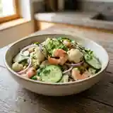 Salade fraîcheur de concombre, chou-fleur et crevettes à la Roscoff
