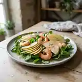 Salade gourmande de mâche au foie gras, crevettes et pommes