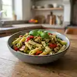 Salade gourmande de pâtes aux légumes grillés et vinaigrette au basilic