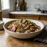 Salade tiède de lentilles vertes au jambonneau fondant
