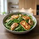 Salade tiède d'épinards au poulet grillé et fromage halloumi