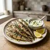 Sardines grillées accompagnées de leur sauce au yaourt frais