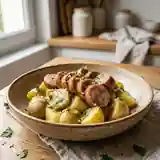Saucisson chaud aux pommes de terre fondantes et vinaigrette maison