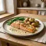 Saumon au four délicatement nappé de sauce au champagne
