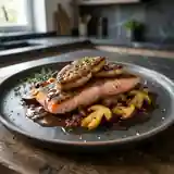 Saumon délicat au foie gras, cèpes et sauce au porto