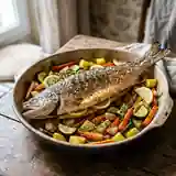 Saumon entier rôti au four accompagné de légumes de saison