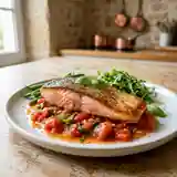 Saumon grillé à la sauce tomate fraîche et basilic parfumé
