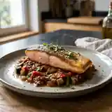 Saumon grillé aux confits de tomates et d'aubergines maison