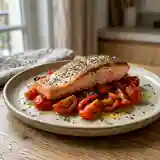 Saumon grillé aux tomates fondantes et poivrons colorés