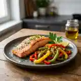 Saumon grillé aux trois poivrons colorés et sauce légère
