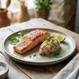 Saumon grillé façon Charminar et tartare de crevettes fraîches