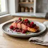 Saumon rôti au coulis acidulé framboise-miel