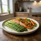 Saumon rôti aux asperges vertes et légumes croquants