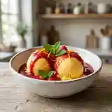 Sorbet orange maison accompagné d'un coulis frais de fraise