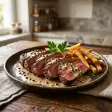 Steak au poivre noir flambé au cognac, sauce crémeuse