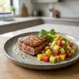 Steak de thon grillé accompagné d'une salsa fraîche aux trois melons