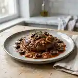 Steak haché savoureux au coulis de tomate et olives noires