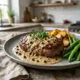 Steak haché tendre sauce crémeuse au poivre vert