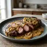 Steak tendre à la sauce moutarde et oignons caramélisés