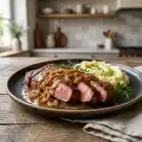 Steak tendre aux échalotes caramélisées et sauce moutarde onctueuse