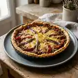 Tarte savoureuse à la tapenade, poivrons grillés et anchois