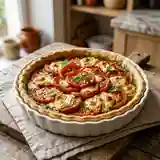 Tarte savoureuse au pistou, tomates fraîches et Rocamadour fondant