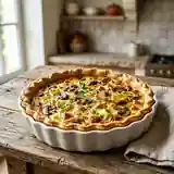 Tarte savoureuse aux poireaux, champignons et jambon