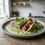 Thon frais grillé et sauce onctueuse au cresson