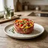 Timbale de jambon cru aux légumes du soleil cuite au micro-ondes