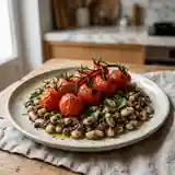 Tomates grappes rôties et salade fraîche de haricots blancs à la tapenade maison
