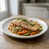 Truite au Gewurztraminer et ses petits légumes de saison
