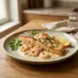 Truite saumonée grillée et sa crème citronnée aux crevettes fraîches