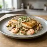 Turbot Fondant, Sauce Crème et Fruits de Mer