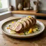 Veau rôti juteux, crème moutarde et agrumes