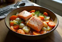 Fricassée gourmande de saumon et turbot aux légumes fondants