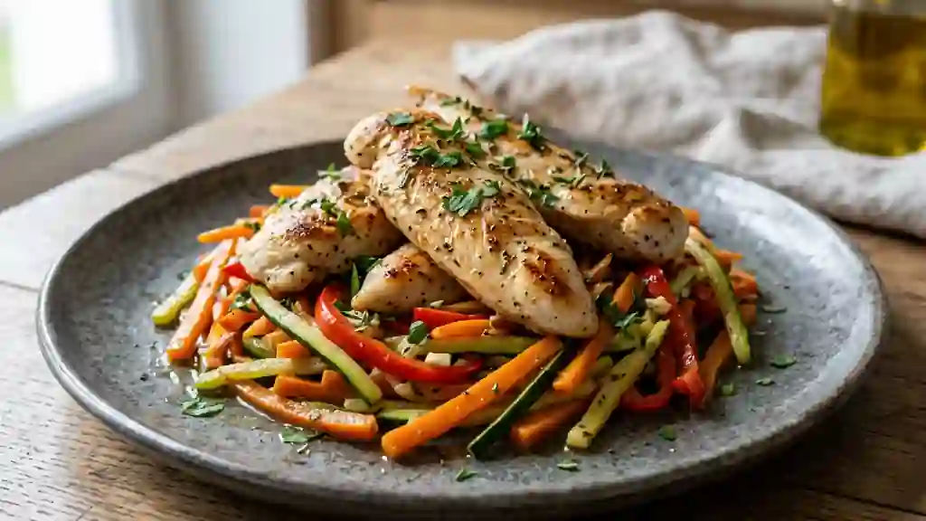 Poulet doré au nid de légumes croquants - Photo de présentation