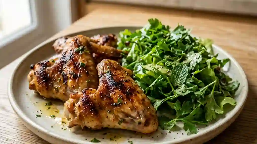 Ailerons grillés et salade d'herbes citronnée - Photo de présentation