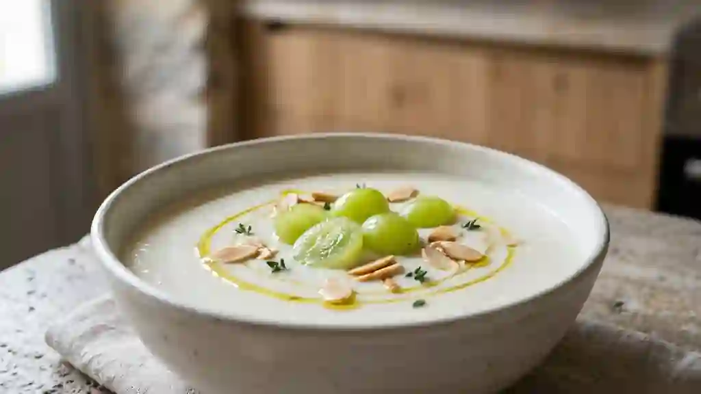 Ajo Blanco crémeux aux amandes et raisins frais - Photo de présentation