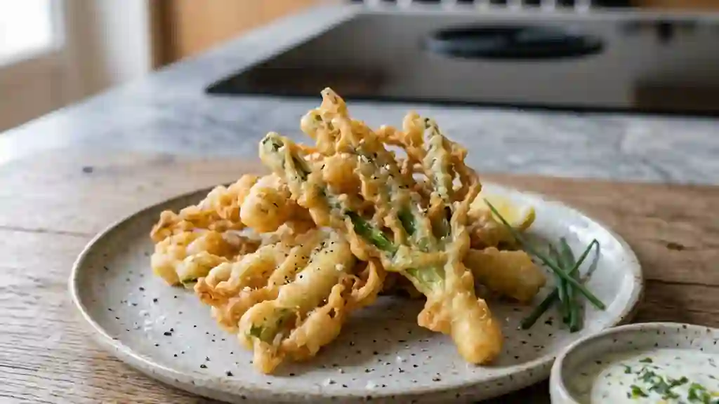 Beignets de fanes d'oignons dorés et craquants - Photo de présentation