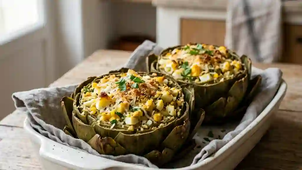 Artichauts rôtis, farce fondante œuf et parmesan - Photo de présentation